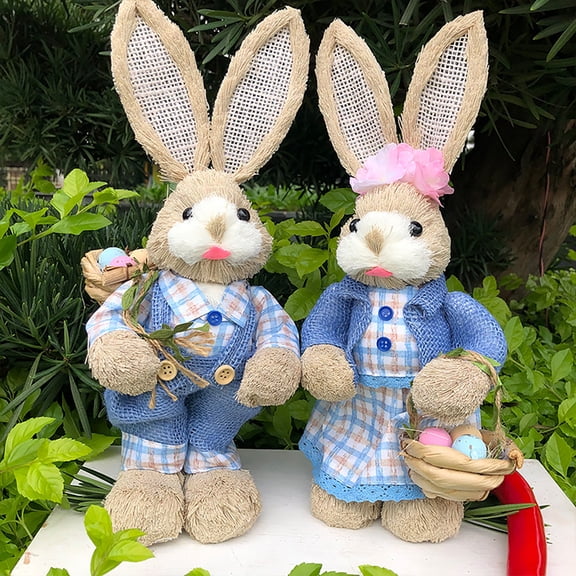 Handcrafted Easter Bunny Couple Figurine Home Decor, Standing Straw Rabbit Statues for Tabletop, Living Room, Garden & Spring Easter Holiday Gift Decoration