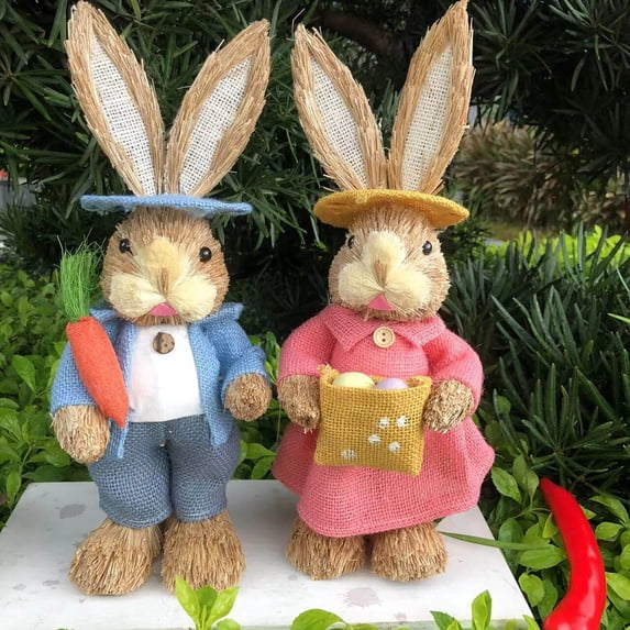Handcrafted Easter Bunny Couple Figurine Home Decor, Standing Straw Rabbit Statues for Tabletop, Living Room, Garden & Spring Easter Holiday Gift Decoration