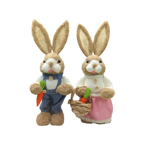 Handcrafted Easter Bunny Couple Figurines – Standing Straw Rabbits with Radish for Tabletop Spring Decor, Farmhouse Style Easter Decorations, Holiday Gift for Kids & Home (1 Set)