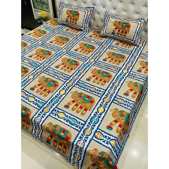 Handcrafted Elephant Pattern Cotton King Bedspread Set – 100x108 Inches Multicolor Print with Matching Pillow Covers(Light Beige)