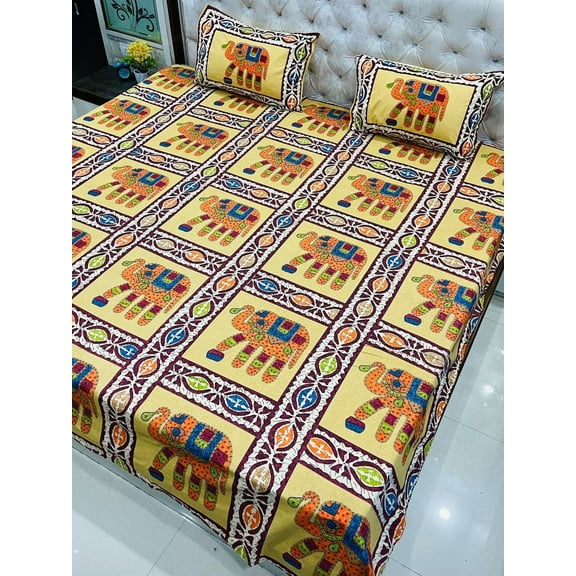 Handcrafted Elephant Pattern Cotton King Bedspread Set – 100x108 Inches Multicolor Print with Matching Pillow Covers(Yellow)
