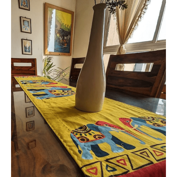 Handcrafted Elephant Print Table Runner, Mustard Yellow Cotton Canvas, Tribal Pattern