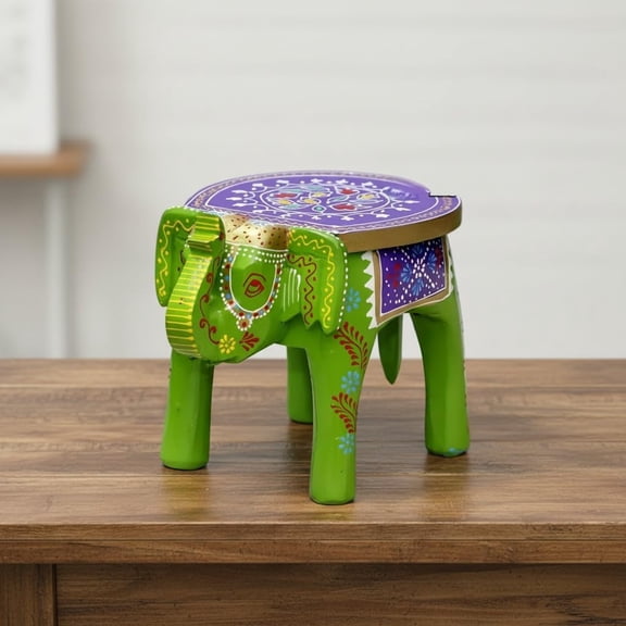 Handcrafted Emboss Painted Colorful Wooden Elephant Stool | Decorative Animal Showpiece for Home Dcor |green