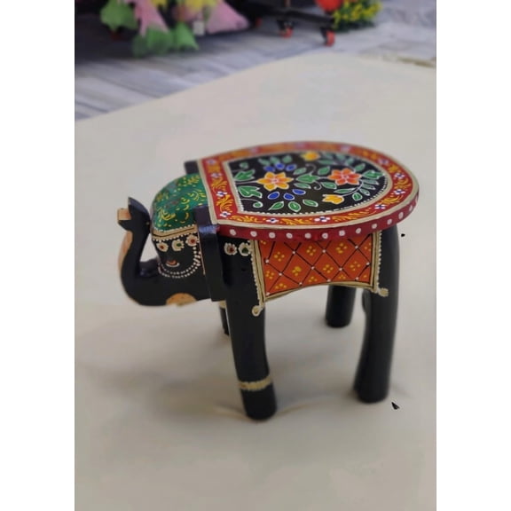 Handcrafted Emboss Painted Colorful Wooden Elephant Stool | Decorative Animal Showpiece for Home Dcor , multicolor