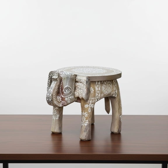 Handcrafted Emboss Painted Colorful Wooden Elephant Stool | Decorative Animal Showpiece for Home Dcor |off white