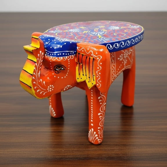 Handcrafted Emboss Painted Colorful Wooden Elephant Stool | Decorative Animal Showpiece for Home Dcor |orange
