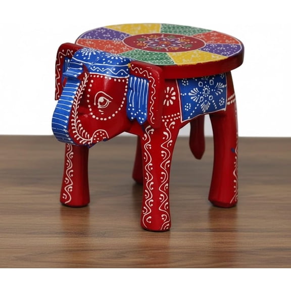 Handcrafted Emboss Painted Colorful Wooden Elephant Stool | Decorative Animal Showpiece for Home Dcor |red