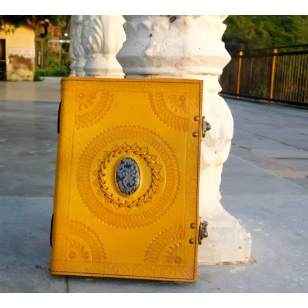 Handcrafted Embossed Design Vintage Leather Bound Journal Diary Healing Obsidian Stone Blank Notebook For Men & Women