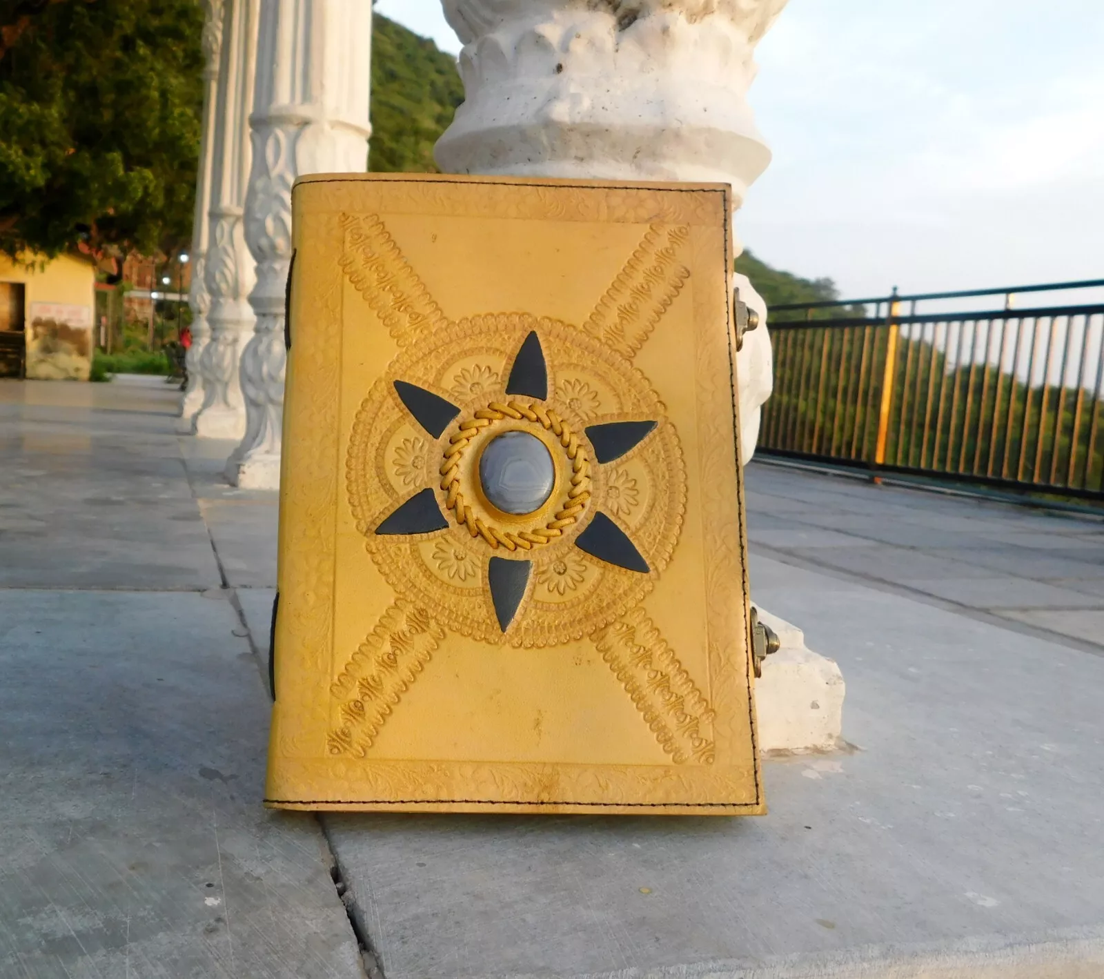 Handcrafted Embossed Design Vintage Leather Bound Journal Diary Healing Obsidian Stone Yellow Blank Notebook For Men & Women