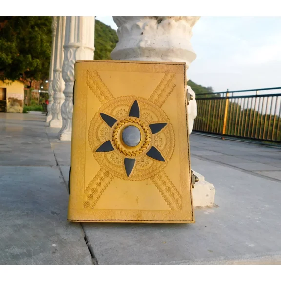 Handcrafted Embossed Design Vintage Leather Bound Journal Diary Healing Obsidian Stone Yellow Blank Notebook For Men & Women