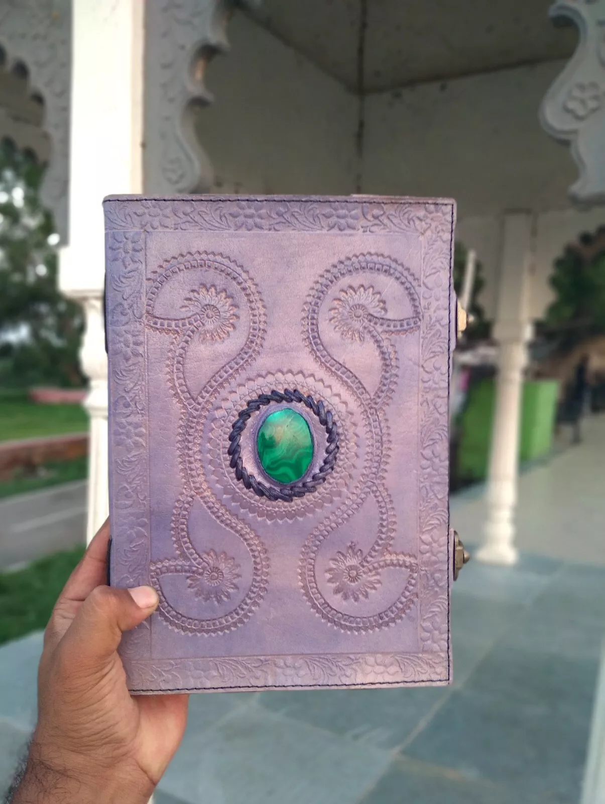 Handcrafted Embossed Design Vintage Leather Bound Journal Diary Malachite Stone Blank Notebook For Men & Women