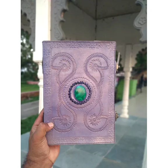Handcrafted Embossed Design Vintage Leather Bound Journal Diary Malachite Stone Blank Notebook For Men & Women