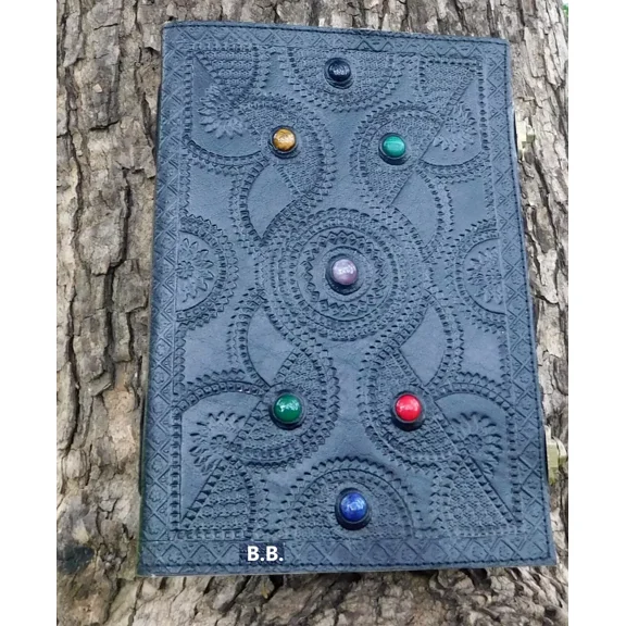 Handcrafted Embossed Design Vintage Leather Bound Journal Diary Yingyang Grimoire Style Seven Stone Notebook For Men & Women