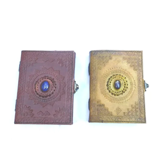 Handcrafted Embossed Design Vintage Leather Bound Journal Healing Stone Grimoire Diary Blank Notebook For Men & Women (Pack of 2)