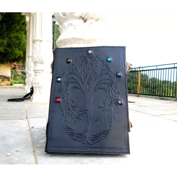 Handcrafted Embossed Design Vintage Leather Bound Journal Seven Chakra Stone Diary Blank Notebook For Men & Women
