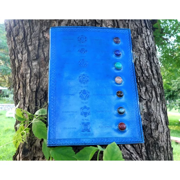 Handcrafted Embossed Design Vintage Leather Bound Journal Seven Chakra Stone with Symbol Diary Blank Notebook For Men & Women