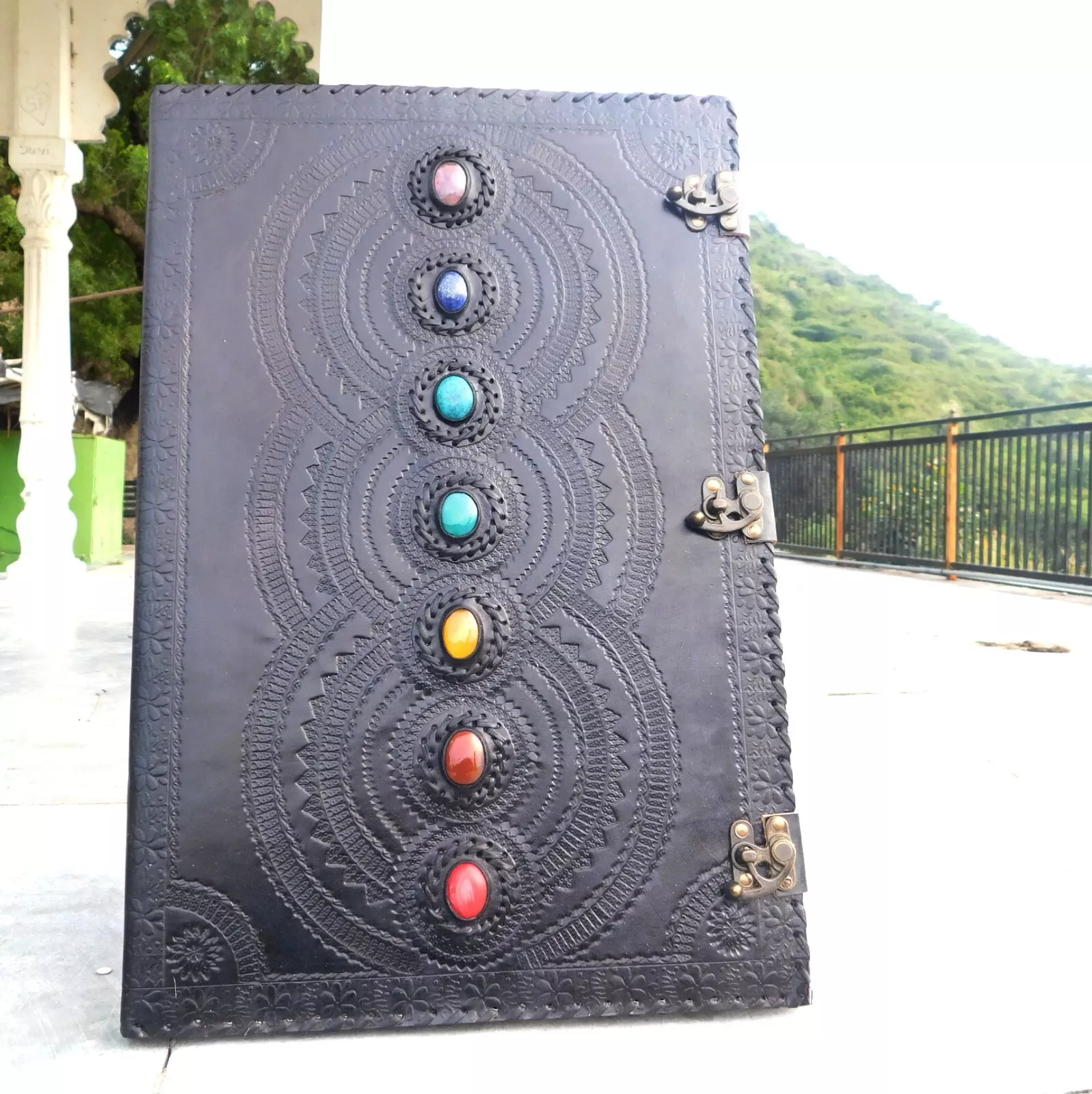 Handcrafted Embossed Design Vintage Leather Bound Journal Seven Stone Grimoire Diary Blank Notebook For Men & Women