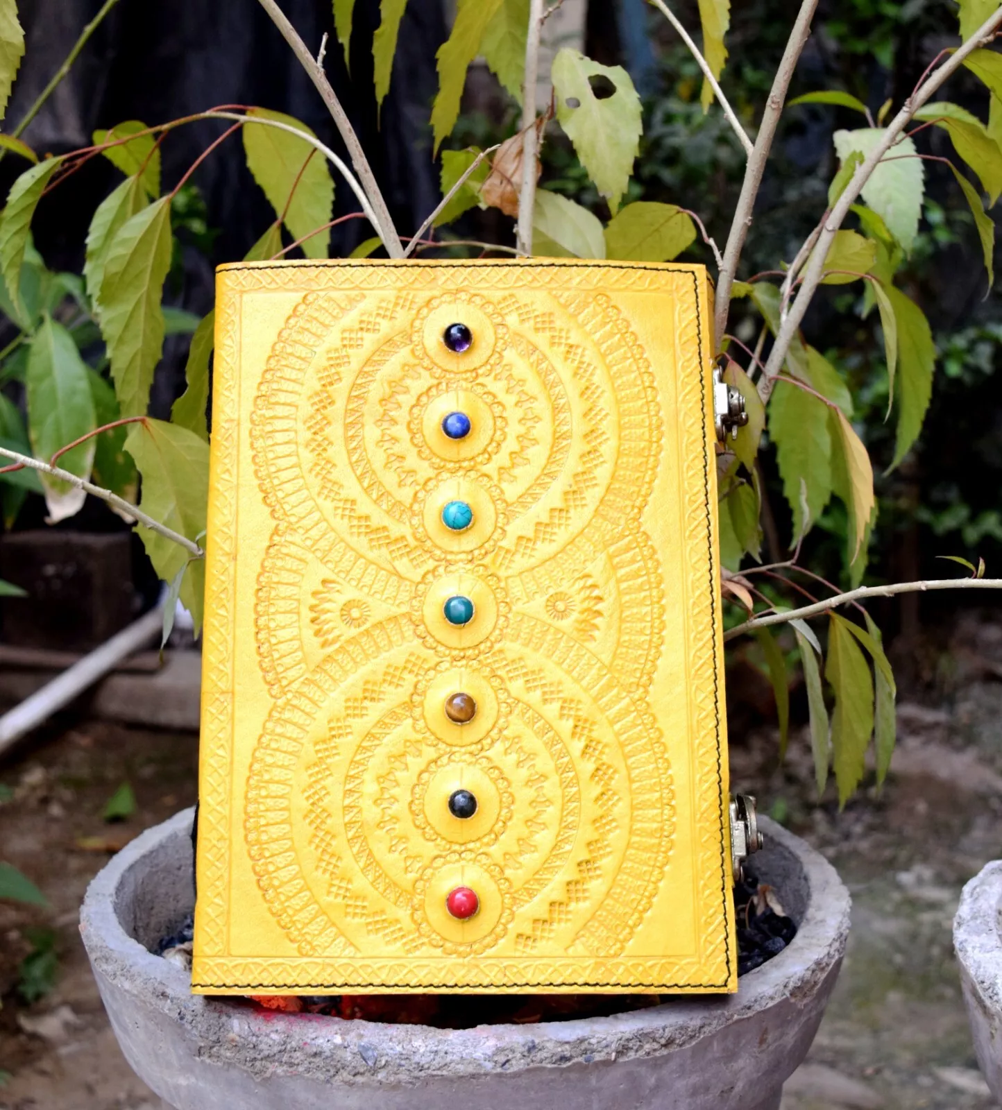 Handcrafted Embossed Design Vintage Leather Bound Journal Seven Stone Grimoire Yellow Diary Blank Notebook For Men & Women