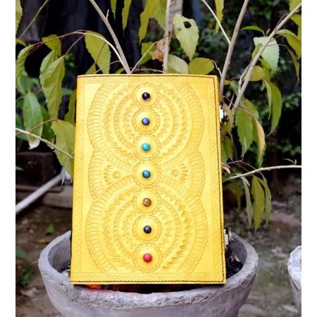 Handcrafted Embossed Design Vintage Leather Bound Journal Seven Stone Grimoire Yellow Diary Blank Notebook For Men & Women