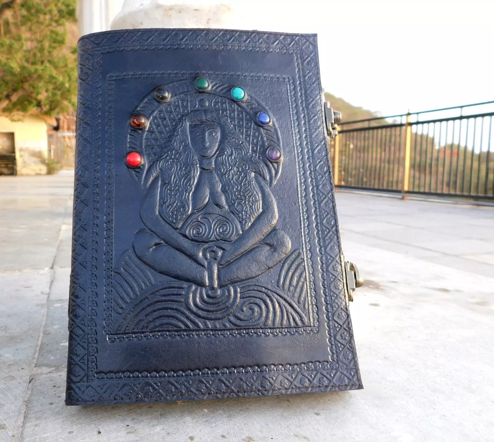 Handcrafted Embossed Vintage Design Leather Bound Journal Diary 7 Stone Grimoire Spell Blank Notebook For Men & Women