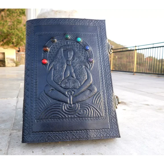 Handcrafted Embossed Vintage Design Leather Bound Journal Diary 7 Stone Grimoire Spell Blank Notebook For Men & Women