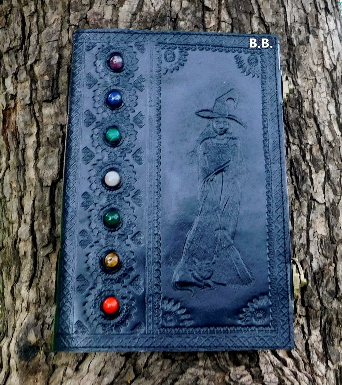 Handcrafted Embossed Witch Design Vintage Leather Bound Journal Seven Stone Grimoire Diary Blank Notebook For Men & Women