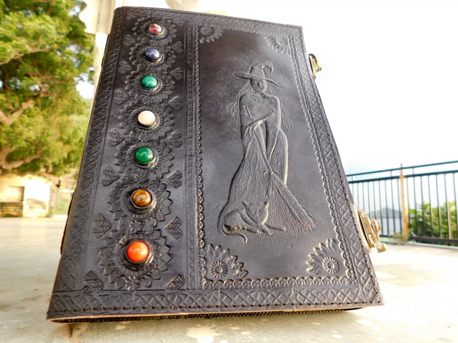 Handcrafted Embossed Witch Design Vintage Leather Bound Journal Seven Stone Grimoire Diary Blank Notebook For Men & Women
