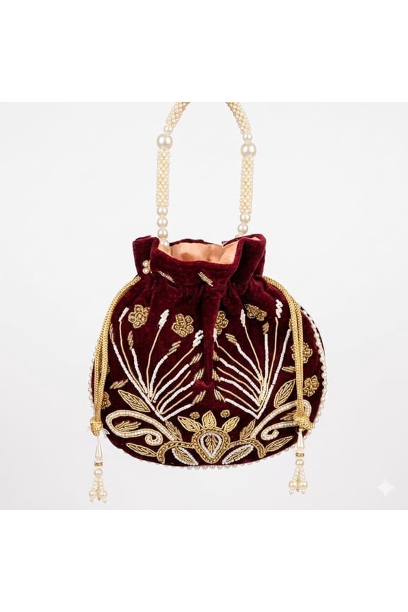 Handcrafted Embroidered Ethnic Pouch bag/ Potli Bag with Pearl Handle for Weddings, Parties & Festive Wear