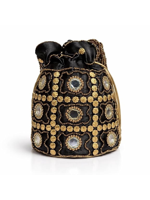 Handcrafted Embroidered Potli Bag for Women with Mirror Work and Beaded Design Traditional Drawstring Pouch Purse for Wedding Party and Festive Use-Black