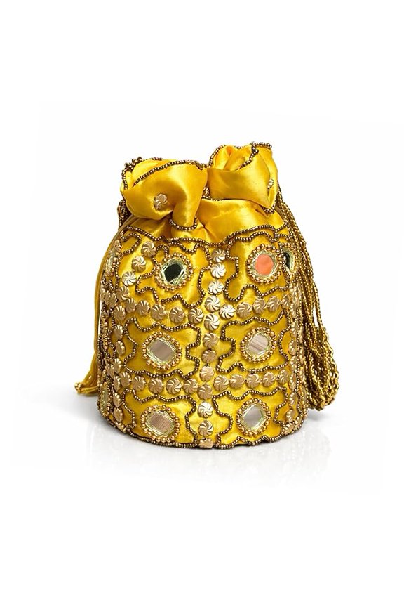Handcrafted Embroidered Potli Bag for Women with Mirror Work and Beaded Design Traditional Drawstring Pouch Purse for Wedding Party and Festive Use-Golden