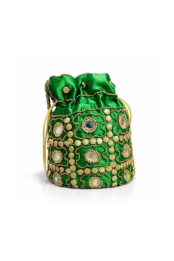 Handcrafted Embroidered Potli Bag for Women with Mirror Work and Beaded Design Traditional Drawstring Pouch Purse for Wedding Party and Festive Use-Green