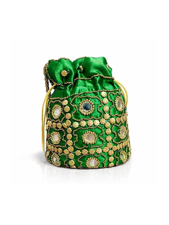 Handcrafted Embroidered Potli Bag for Women with Mirror Work and Beaded Design Traditional Drawstring Pouch Purse for Wedding Party and Festive Use-Green