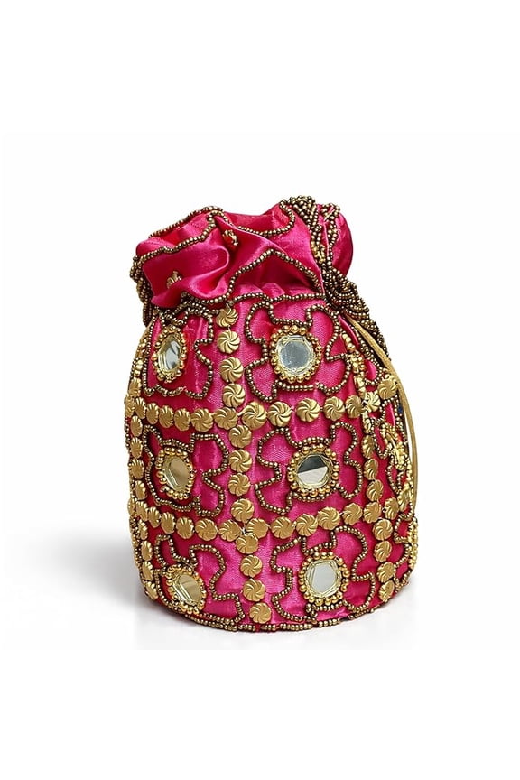 Handcrafted Embroidered Potli Bag for Women with Mirror Work and Beaded Design, Traditional Drawstring Pouch Purse for Wedding, Party and Festive Use, Pink