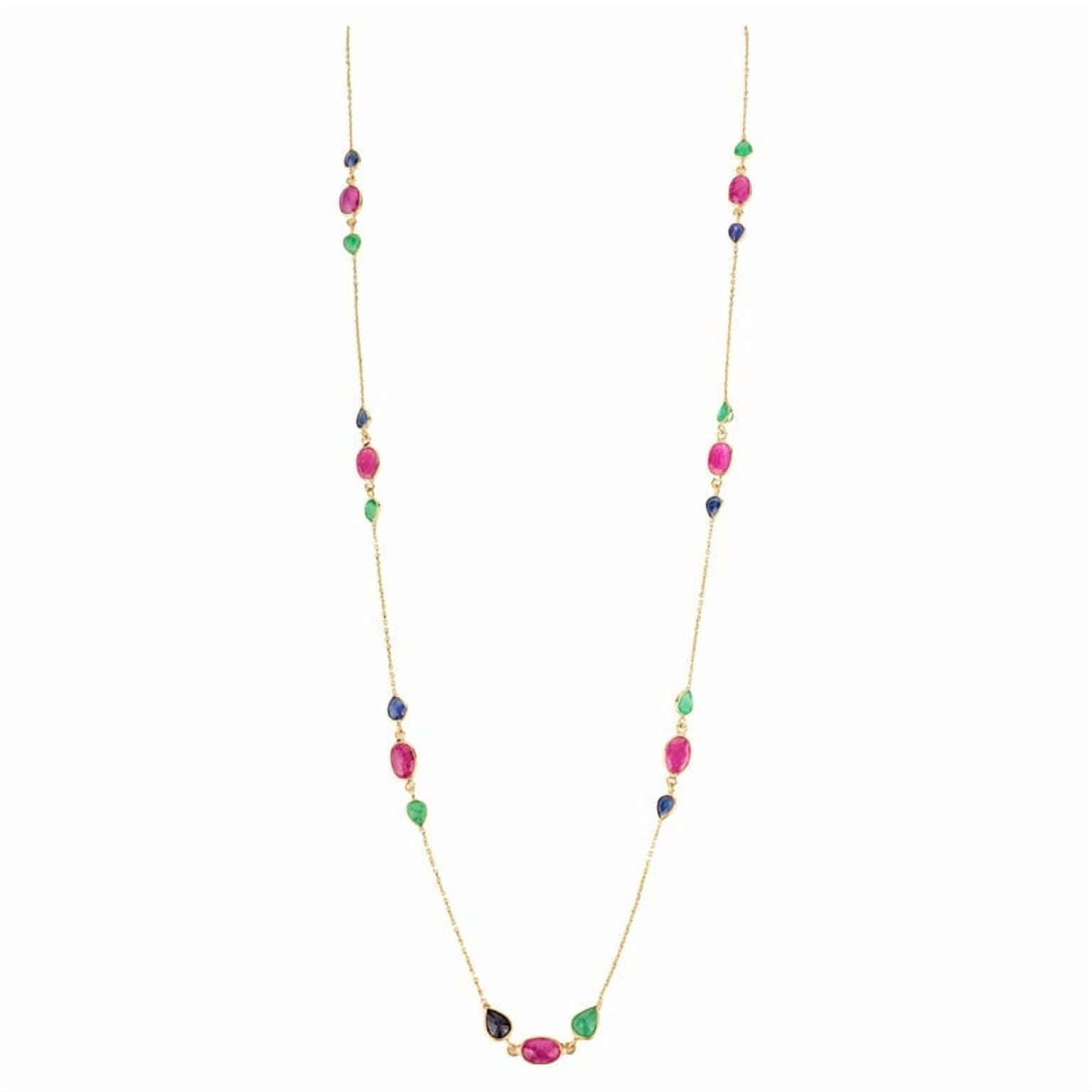 Handcrafted Emerald Ruby Sapphire Chain Necklace in 18k Yellow Gold For Mom