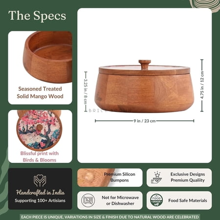 Handcrafted Enamel Coated Wooden Roti Box | Chapati Server Tableware | Hot Pot Casserole with Lid (8.8 8.8 4.5 Inch)