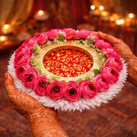 Handcrafted Engagement Ring Holder Platter Round thali-Ideal for Ring Ceremony, Sagai,shaadi Decor,Marriage, Handmade Decorative Platter for Brides Maid (Pink)
