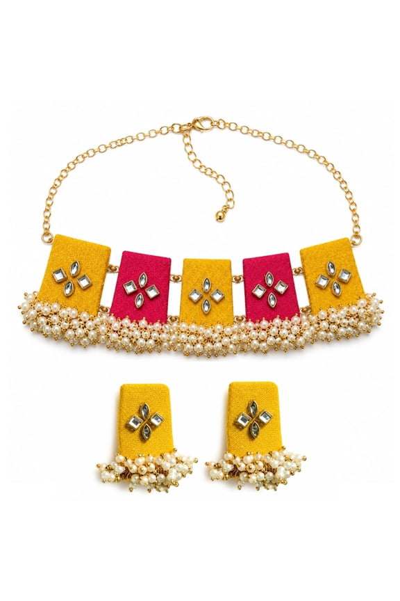 Handcrafted Fabric Choker Necklace Set for Women | Yellow Pink Pearl Choker with Matching Earrings | Ethnic Kundan Mirror Work Jewelry Set for Wedding, Haldi, Mehendi & Festive Wear