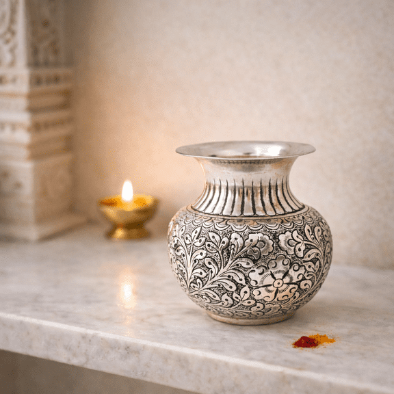 Handcrafted Fine Work German Silver Kalash Pooja Essential Item