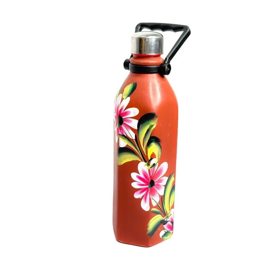 Handcrafted Floral Design TerraCotta Water Bottle, Coral Orange with Hand-Painted Pink Flowers, Metal Cap with Carry Handle