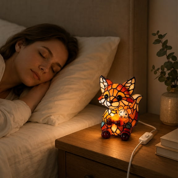 Handcrafted Fox Stained-Glass Night Light, Halloween Tabletop Decorative Lamp for Bedroom Bookshelf Home Decor，USB-powered