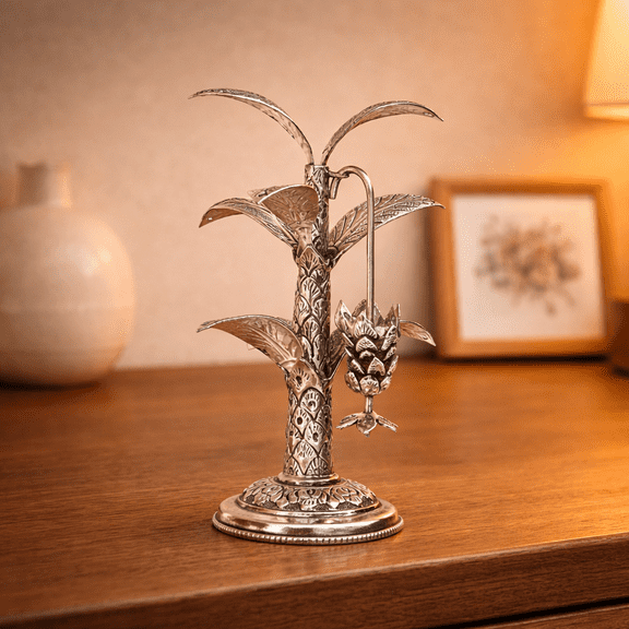 Handcrafted German Silver Banana Tree Sculpture Elegant Indian Art Decor for Home & Pooja