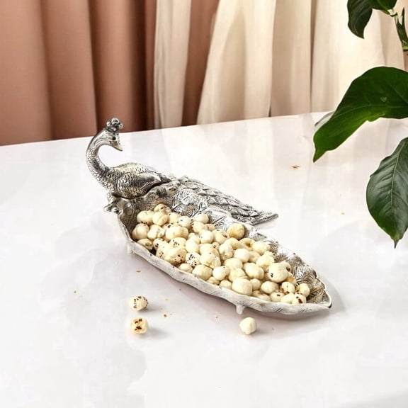 NATRIEL Handcrafted German Silver Peacock Snack Tray, Indian Serving Dish, Decorative Bowl, 12x5.5 Inches