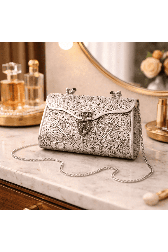 Handcrafted German Silver Clutch Purse with Floral Embossed Design, Chain Strap, 7.48 x 5.5 Inches, Wedding, Party & Ethnic Wear Handbag