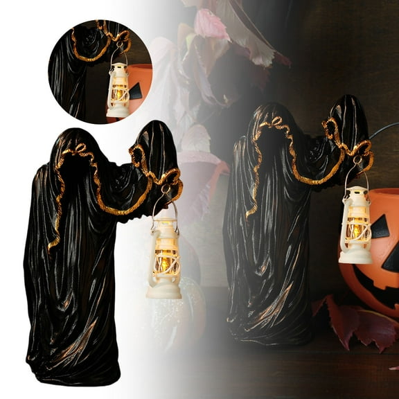 Handcrafted Ghost Wizard Lantern Statue Spooky Witch Vintage Lantern Halloween Decor,Light-Up Indoor/Outdoor Yard Ornament,Hell Messenger Resin Sculpture for Haunted House Home Decor