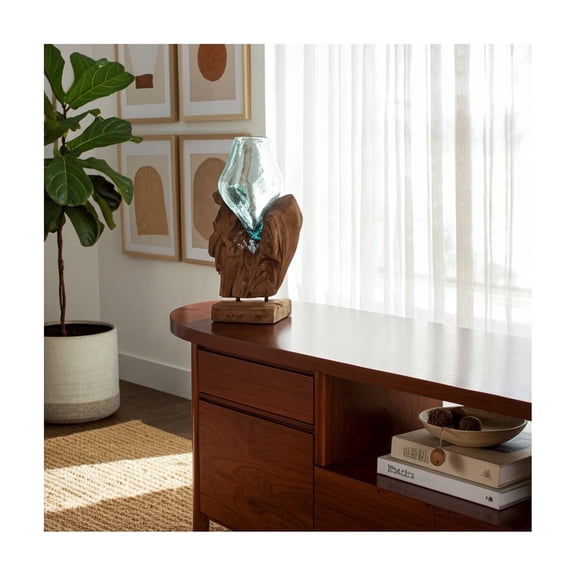 Handcrafted Glass Vase with Natural Wood Base - Rustic Decorative Accent for Home, Office & Living Room - Unique Casual Style - 13" Brown