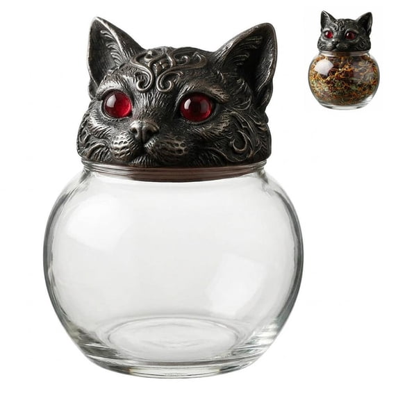 Handcrafted Gothic Cat Apothecary Spice Jars, Vintage Glass Storage Containers with Red-Eyed Cat Lids, Decorative Herb & Tea Jars with Ornate Tray