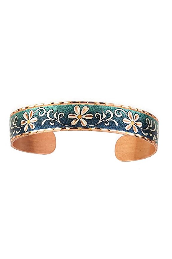 Handcrafted Green Daisy Flower Copper Cuff Bracelet – Adjustable Floral Bracelet for Women | Artisan Handmade Botanical Jewelry with Gradient Patina  (GreenGradient)