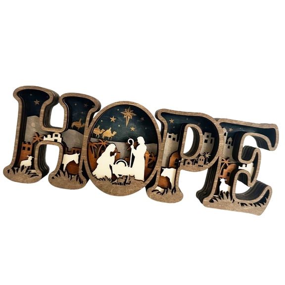 Handcrafted HOPE Letter Wooden Table Sign with Nativity Scene Carved Ornament Home Decors Safe Decoration
