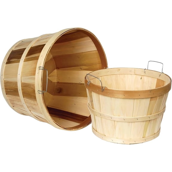 Handcrafted Half Bushel Baskets, Vintage Style USA Made Poplar Wood with Wire Handles, 9.5 x 14.75 inches, Set of 2