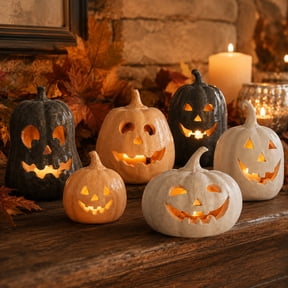 Handcrafted Halloween Lighted Jack-O'-Lantern, Carved-Face Pumpkin Decoration with String Lights for Tabletop, Fireplace Mantel & Fall Home Decor